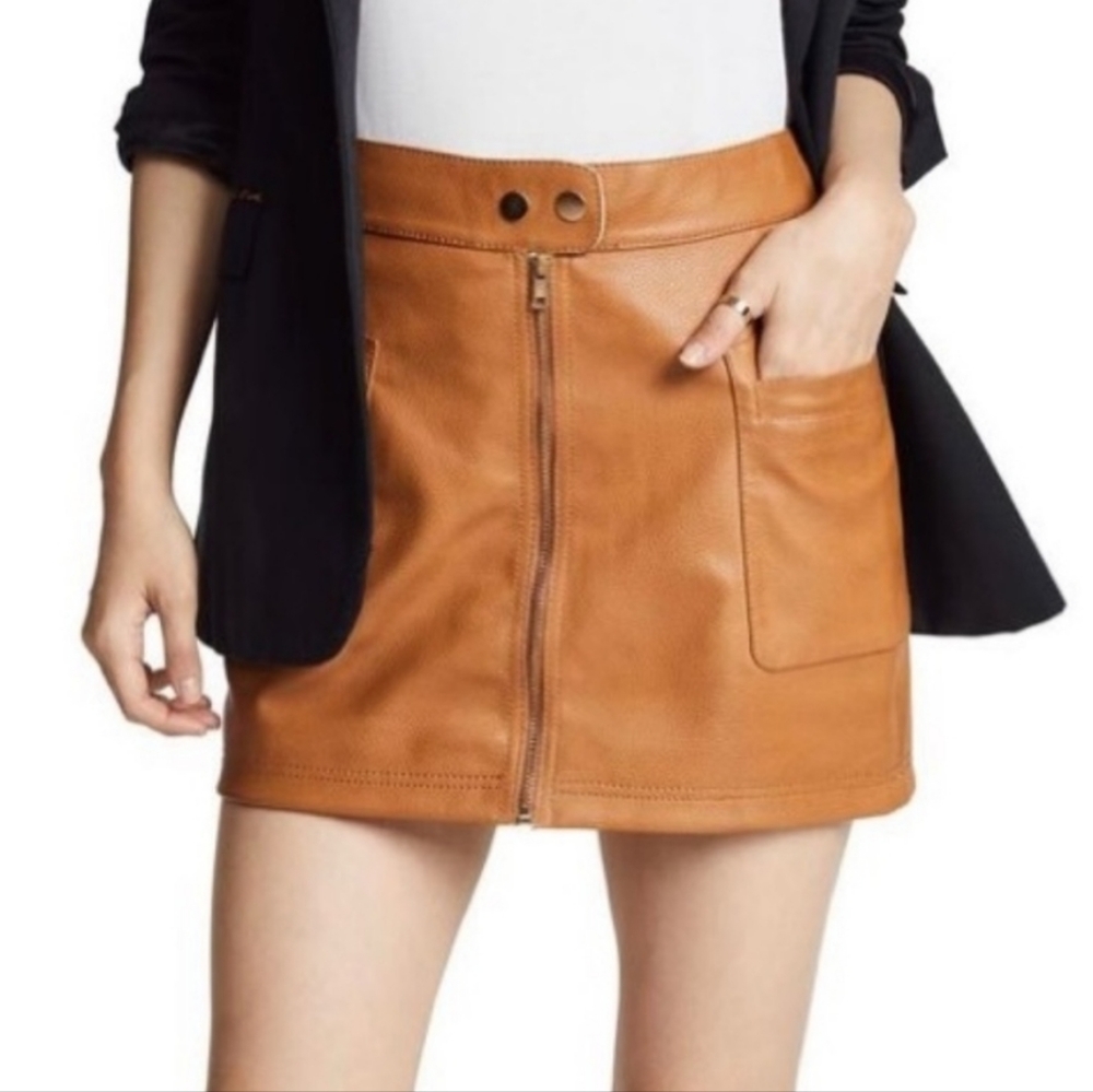 Free People Tan Leather Mini Skirt with Front Zip